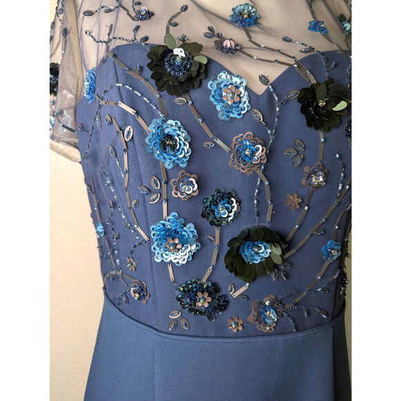 JS Collections Beaded Bodice Crepe Mineral Blue Midi Sheath Dress Women Size 10 - Picture 7 of 16